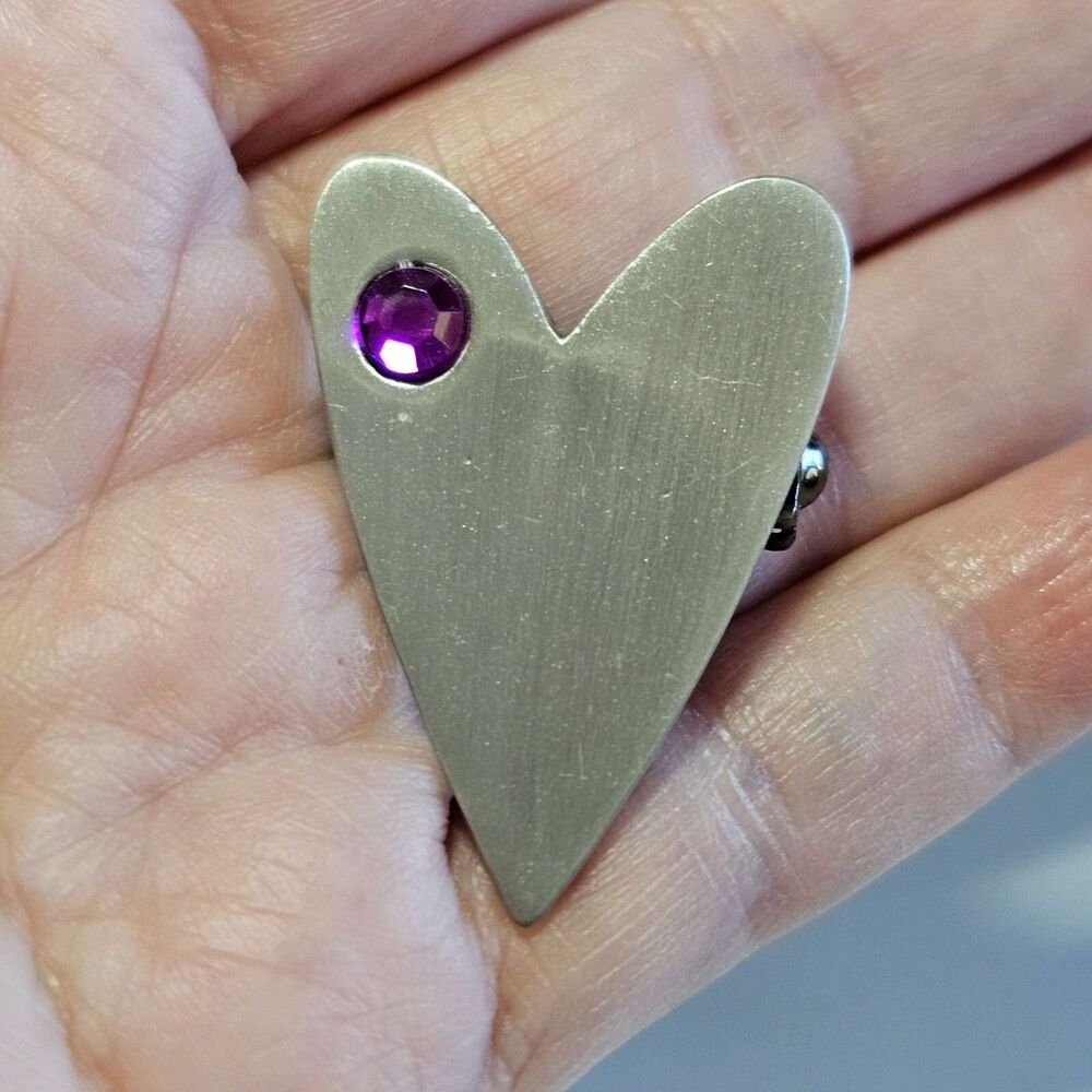 Silver Tone Purple Rhinestone Heart Shaped Brooch Vintage